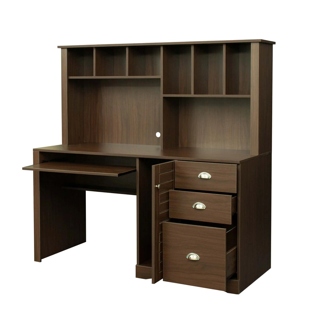 Walnut Computer Desk with Hutch and 3 Drawers K60526