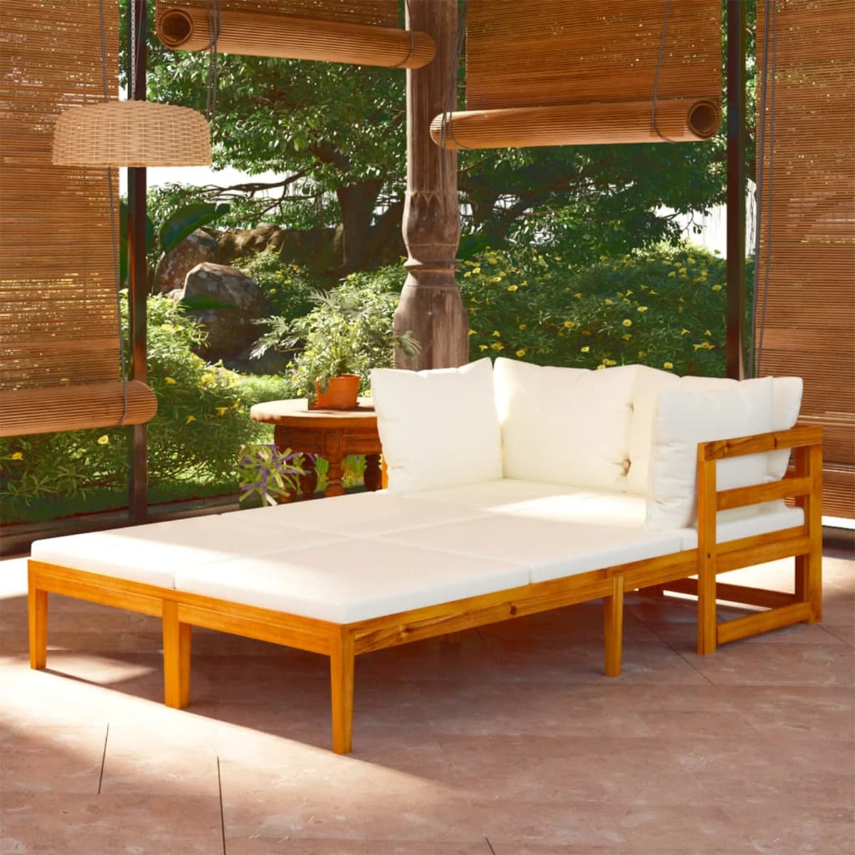 2 Piece Acacia Wood Sun Lounger with Cream White Cushion and Pillows I4194