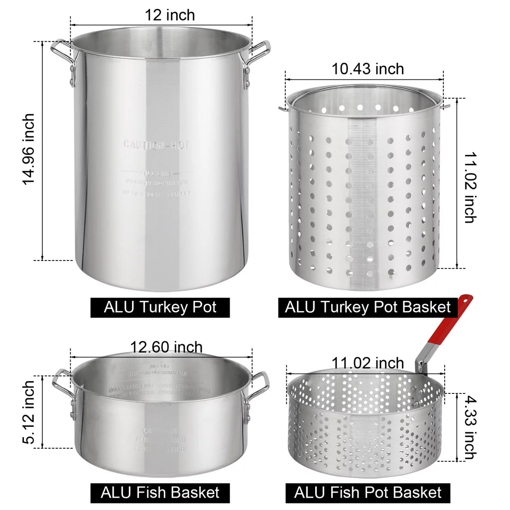 Black 4 Piece 30QT Turkey Pot 10qt Fish Pot Gas Fryer W9414