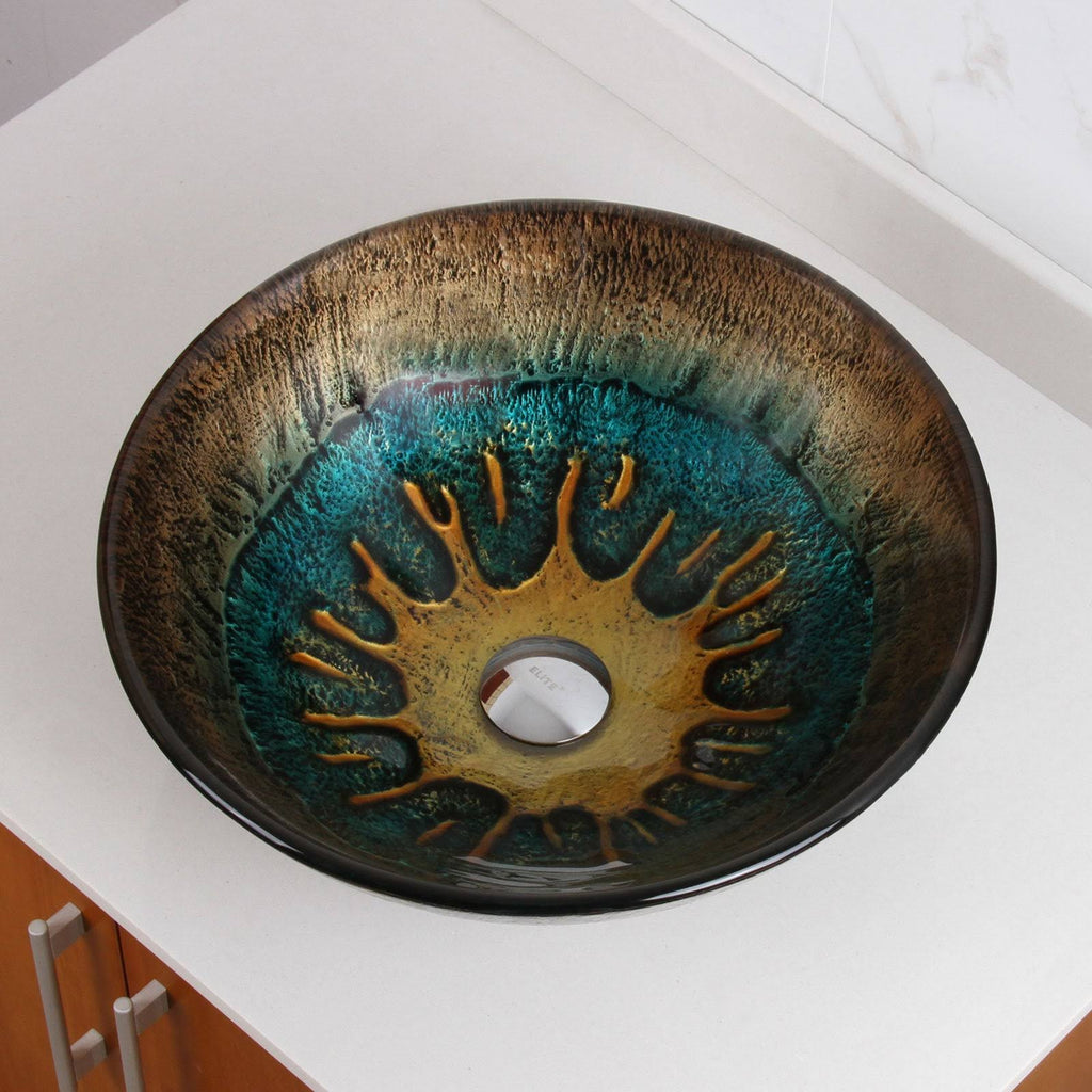 Volcanic Pattern Tempered Glass Bathroom Vessel Sink with Chrome Faucet Combo E45938