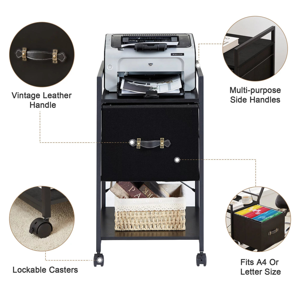 Set of 2 Black Rolling File Cabinet with 1 Drawer and Shelf A32185