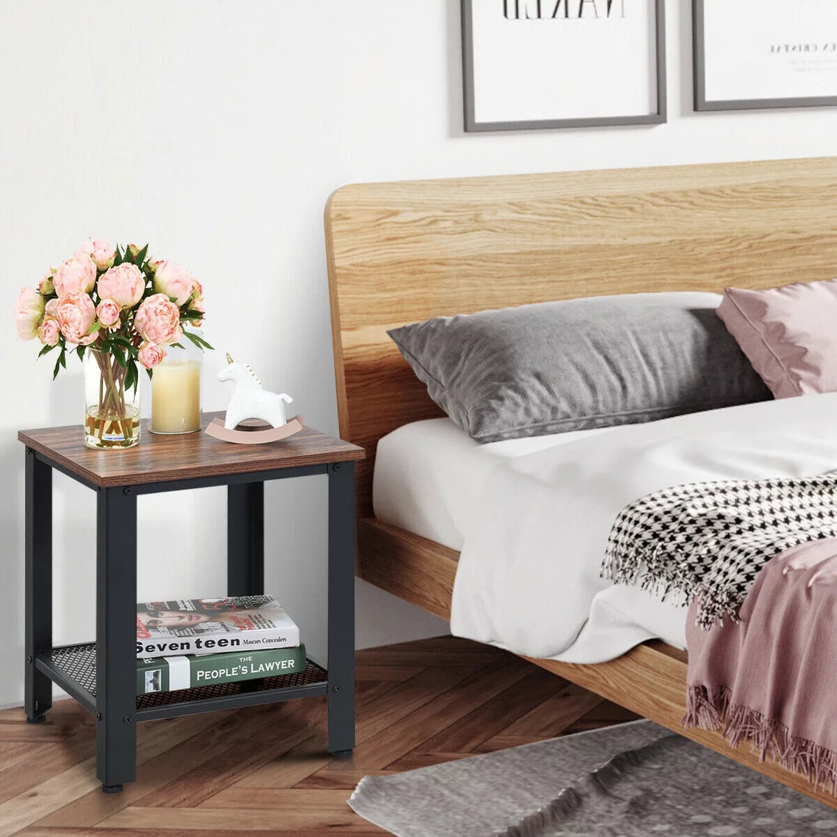 Set of 2 Black 2 Tier Side Table with Storage Shelf K49566
