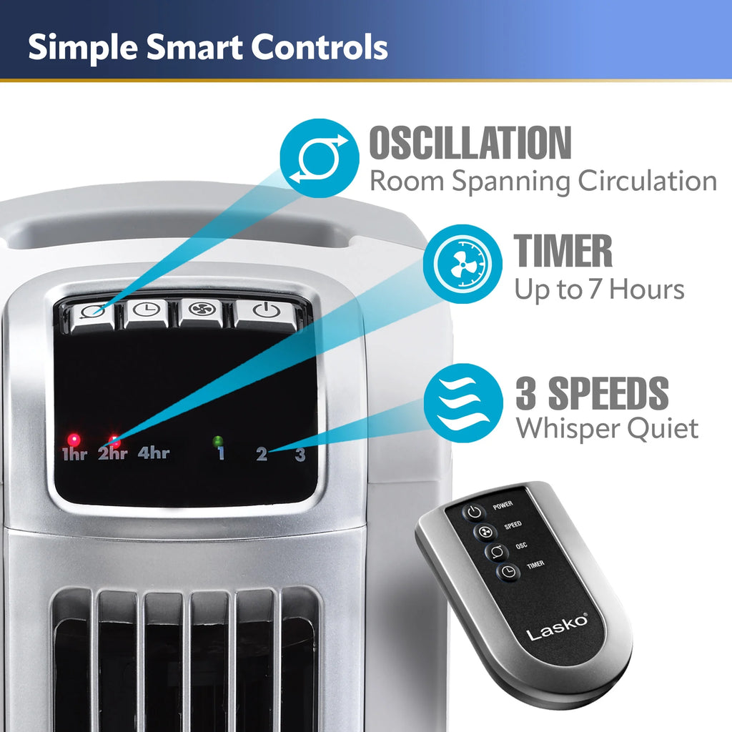 Black 3-Speed Oscillating Tower Fan with Timer and Remote E24440