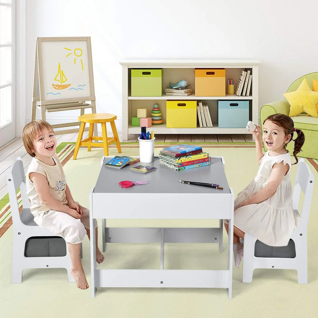 Gray Wooden Kids Table and Chair Set with Storage Drawers J5486