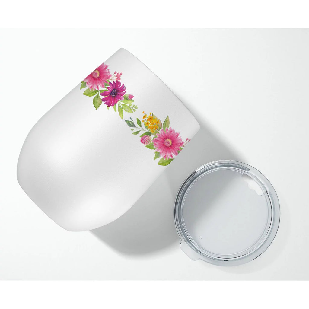 Shar Pei Pink Flowers Stainless Steel 12 oz Stemless Wine Glass I784330