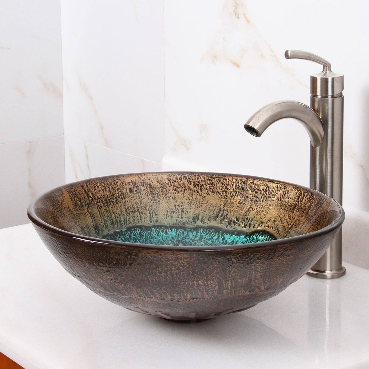Volcanic Pattern Tempered Glass Bathroom Vessel Sink with Chrome Faucet Combo E45938