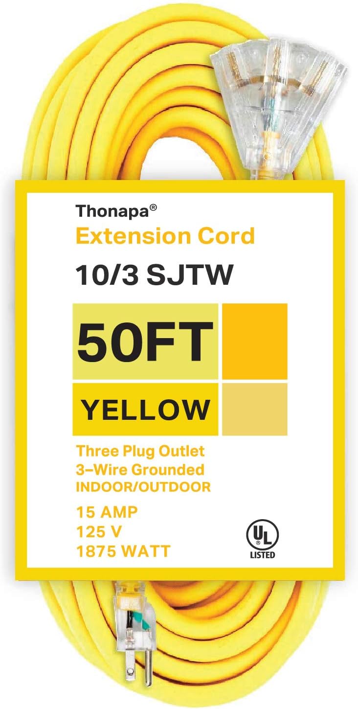 50 Foot Yellow 10/3 SJTW 10 Gauge Outdoor Extension Cord with 3 Outlets F70061