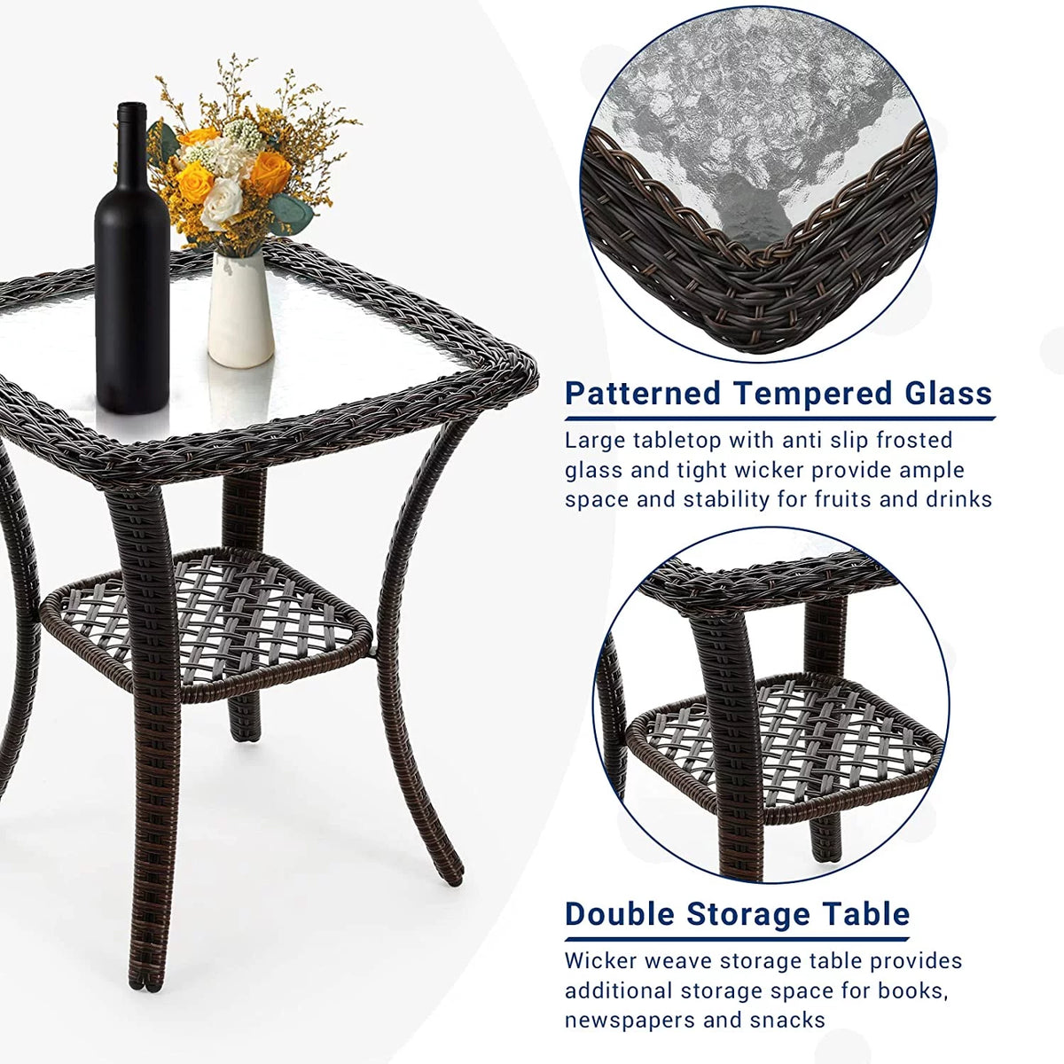 3 Pieces Patio Furniture Set with Glass Top Side Table I74411