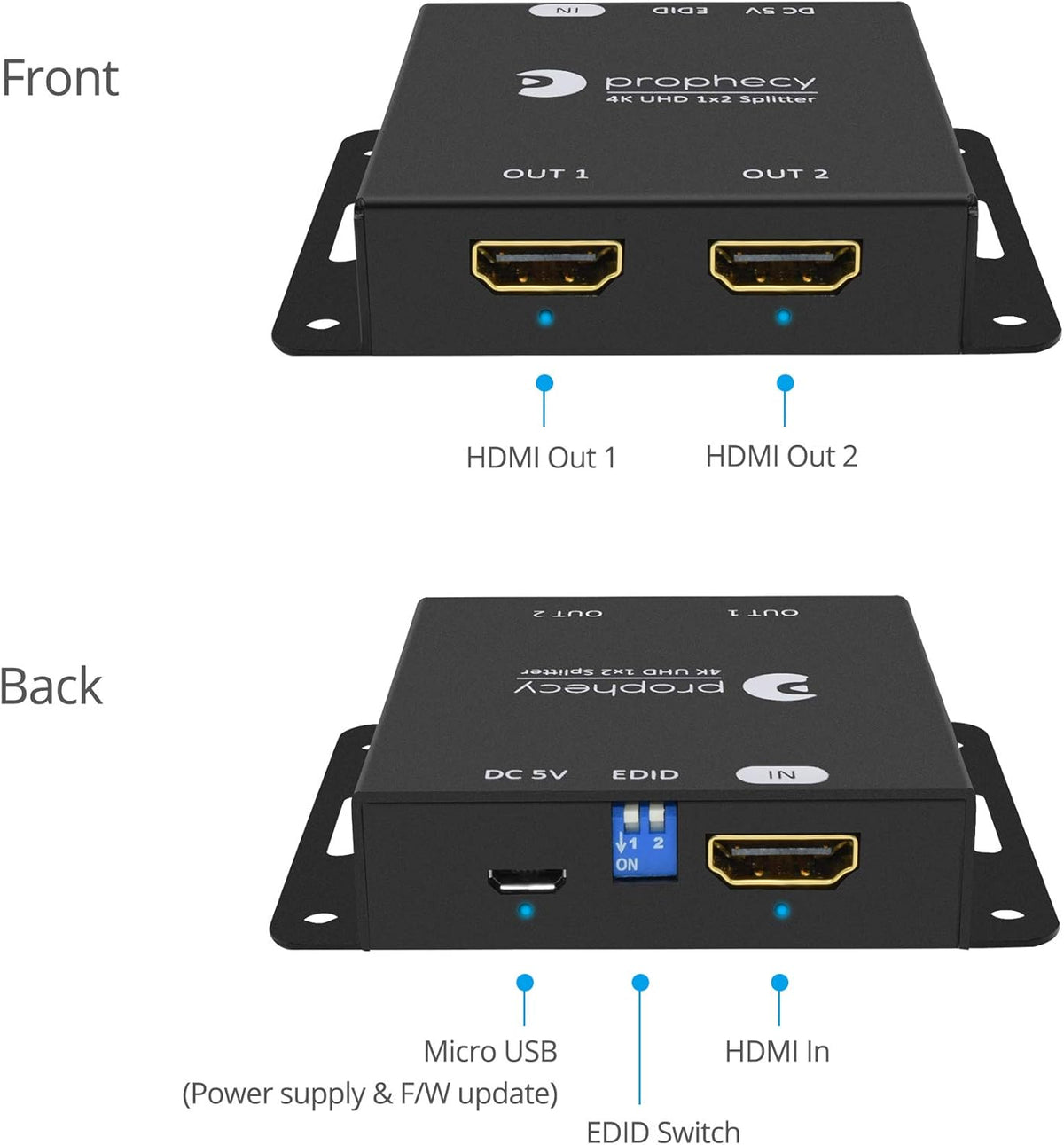 1x2 HDMI 2.0 Splitter 4K 60Hz HDR 18Gbps 2 Port 1 in 2 Out Pack of 2 B479