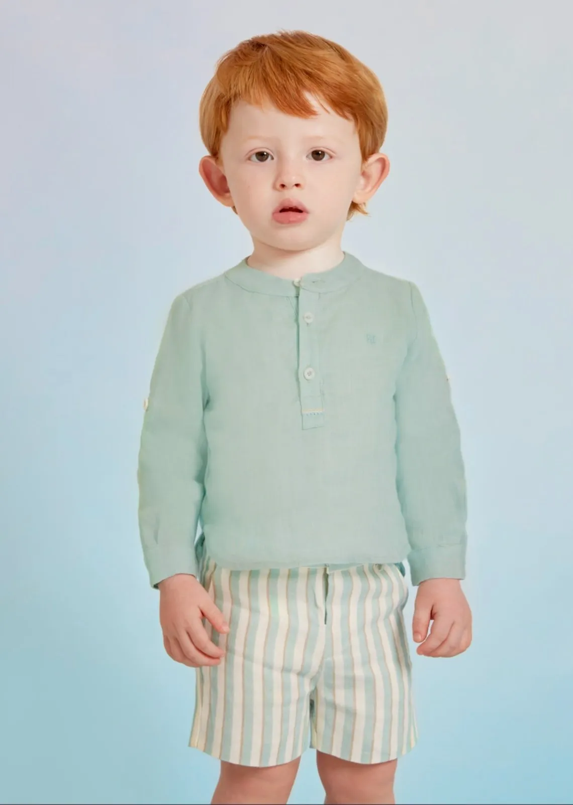 Abel & Lula Baby & Toddler BOYS Mint Striped Linen Shirt & Shorts Set