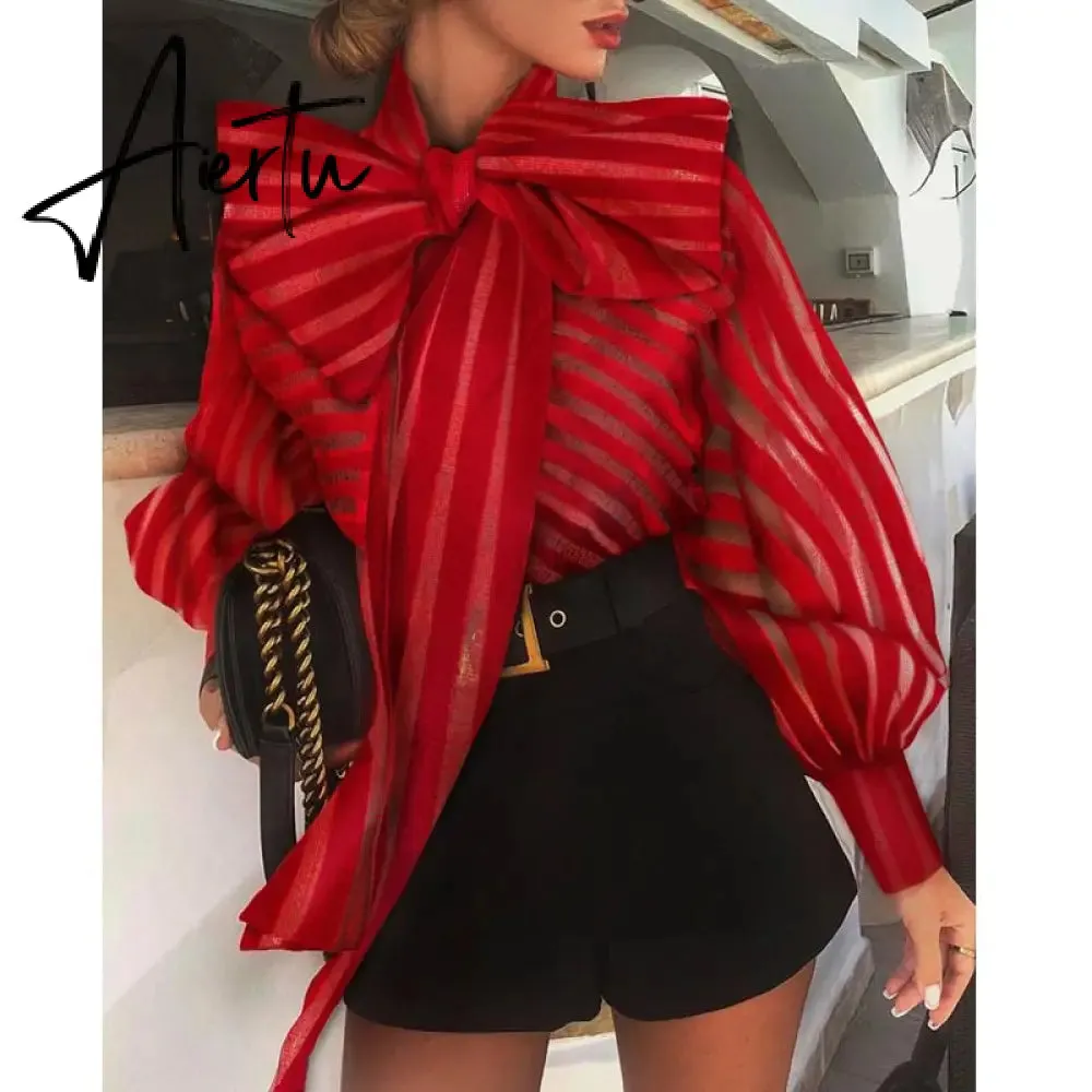 Aiertu  New Fashion Women's Puff Long Sleeve Striped Blouses Bow Collar Shirts Streetwear Ladies Casual Mesh Tops Camisas Blusa Mujer