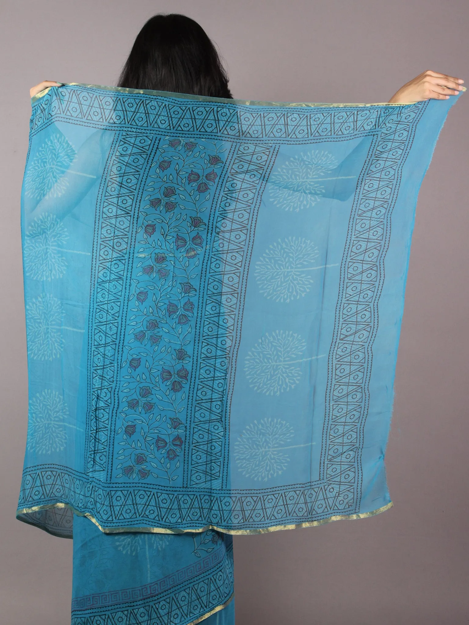 Azure grey  Hand Block Printed Chiffon Saree - S031701857