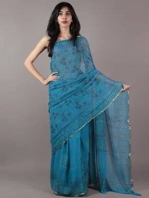 Azure grey  Hand Block Printed Chiffon Saree - S031701857