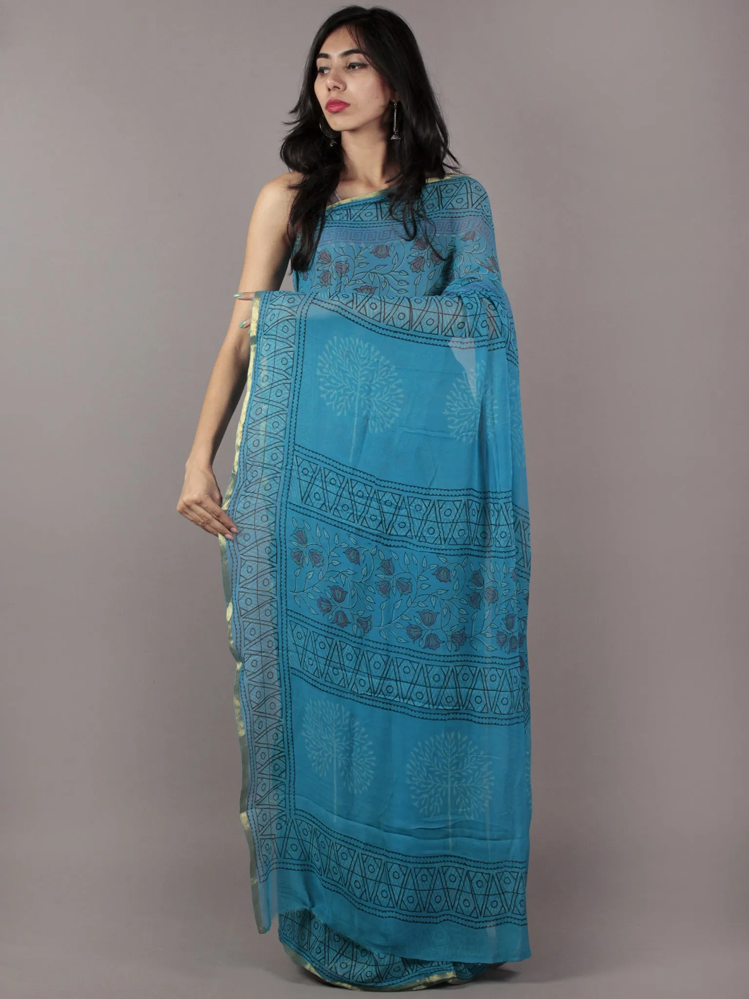 Azure grey  Hand Block Printed Chiffon Saree - S031701857