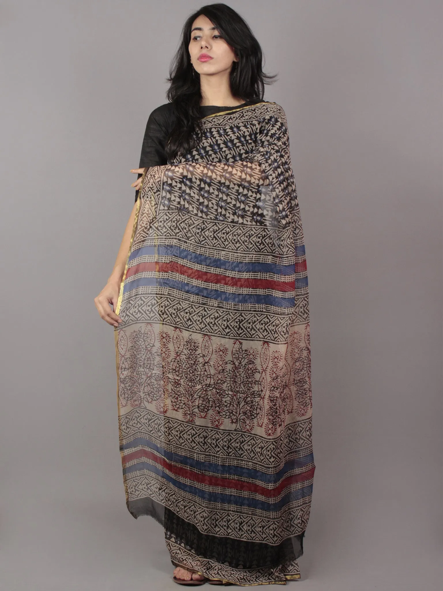 Beige Black Maroon Blue Hand Block Printed Chiffon Saree - S031701686