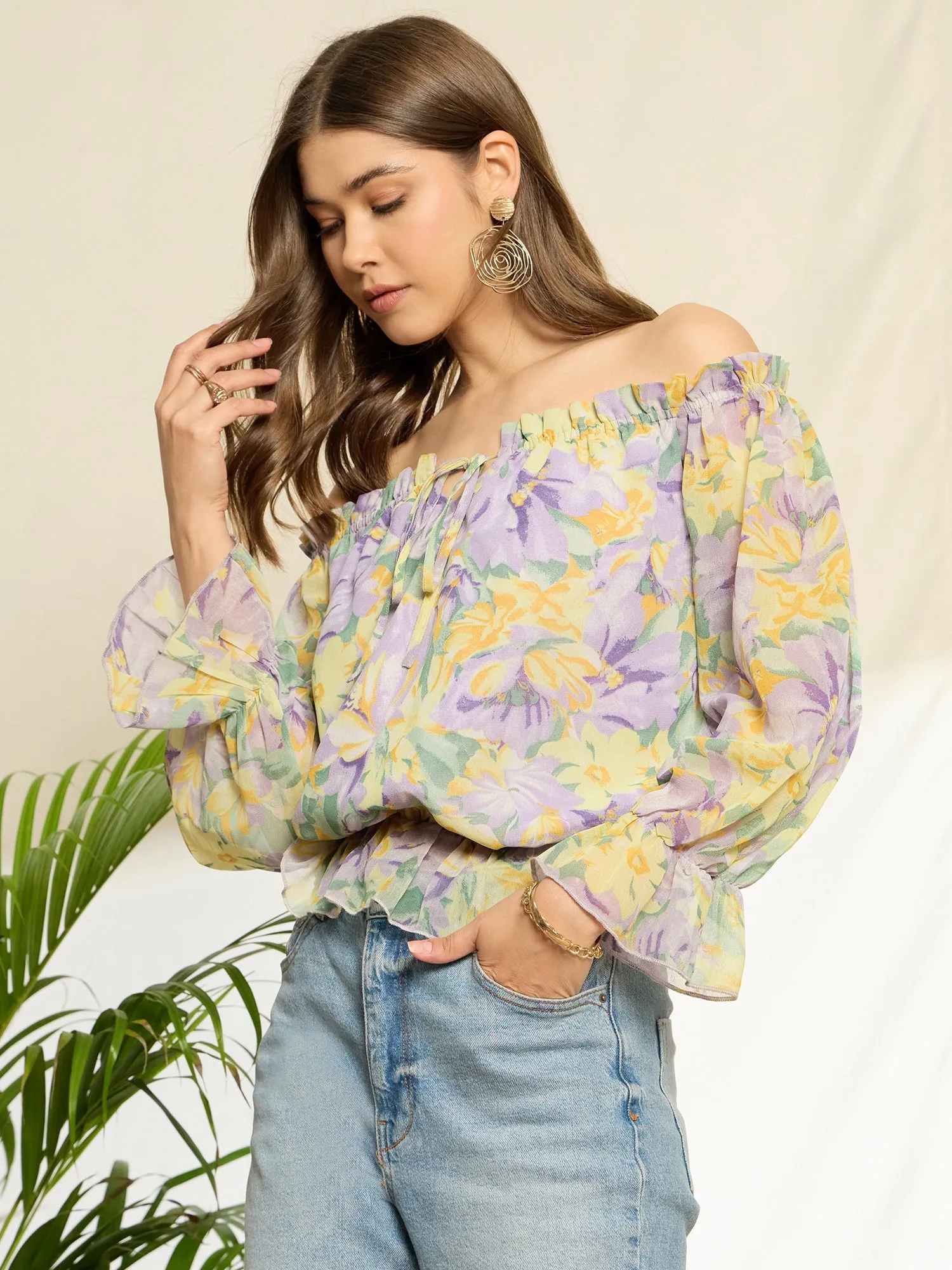 Berrylush Women Purple Floral Print Off Shoulder Ruffle Regular Peplum Top