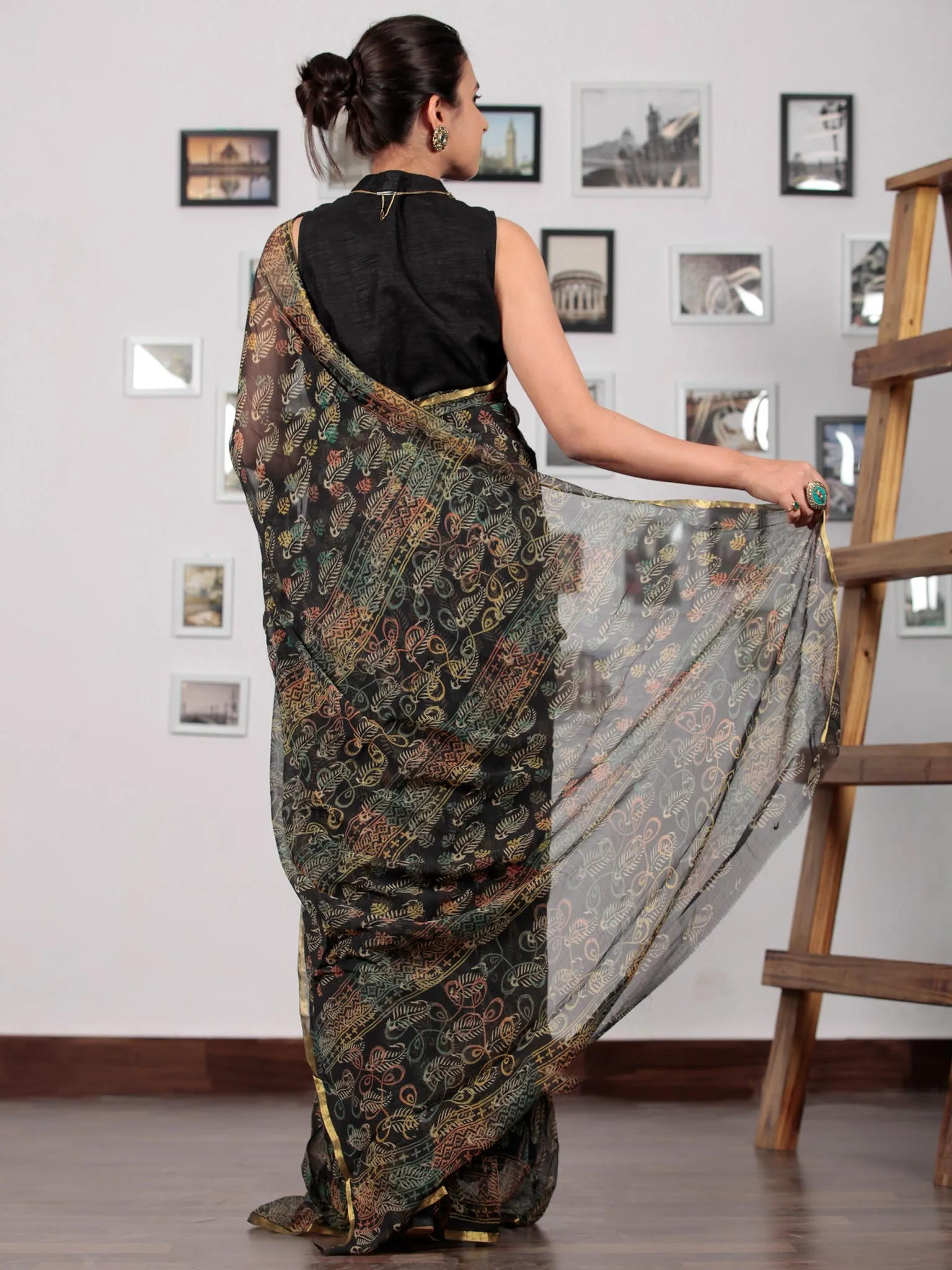 Black Yellow Green Rust Hand Block Printed Chiffon Saree with Zari Border - S031702769