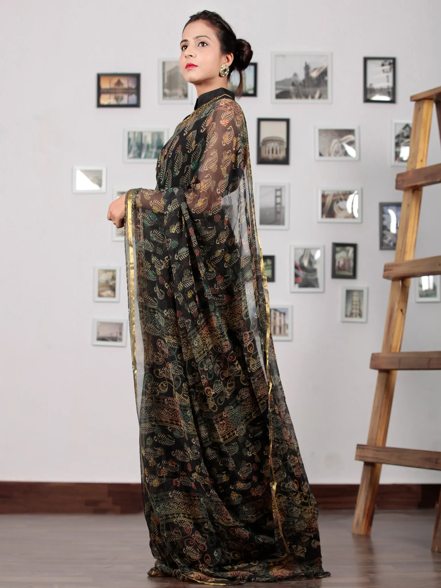 Black Yellow Green Rust Hand Block Printed Chiffon Saree with Zari Border - S031702769