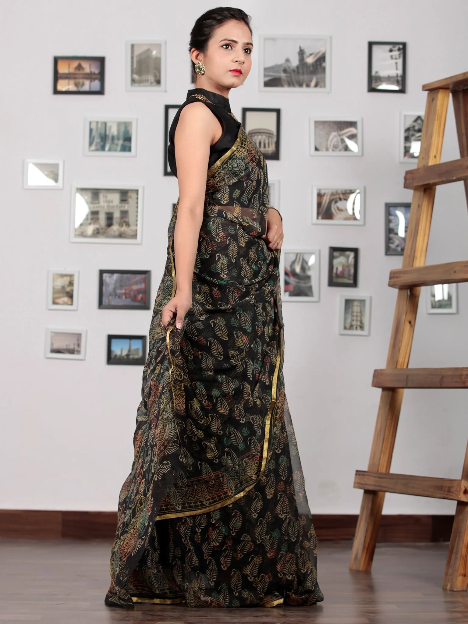 Black Yellow Green Rust Hand Block Printed Chiffon Saree with Zari Border - S031702769