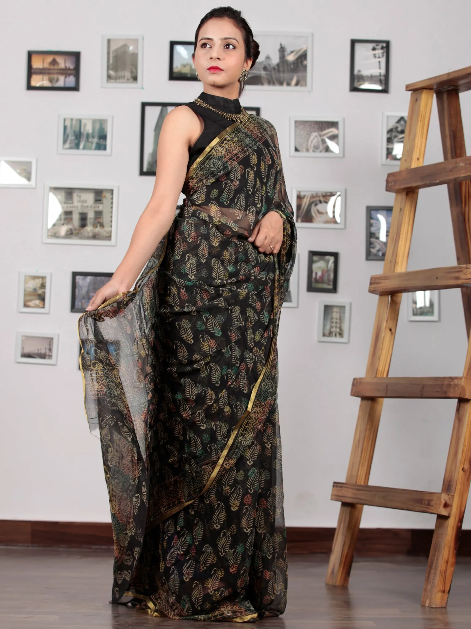 Black Yellow Green Rust Hand Block Printed Chiffon Saree with Zari Border - S031702769