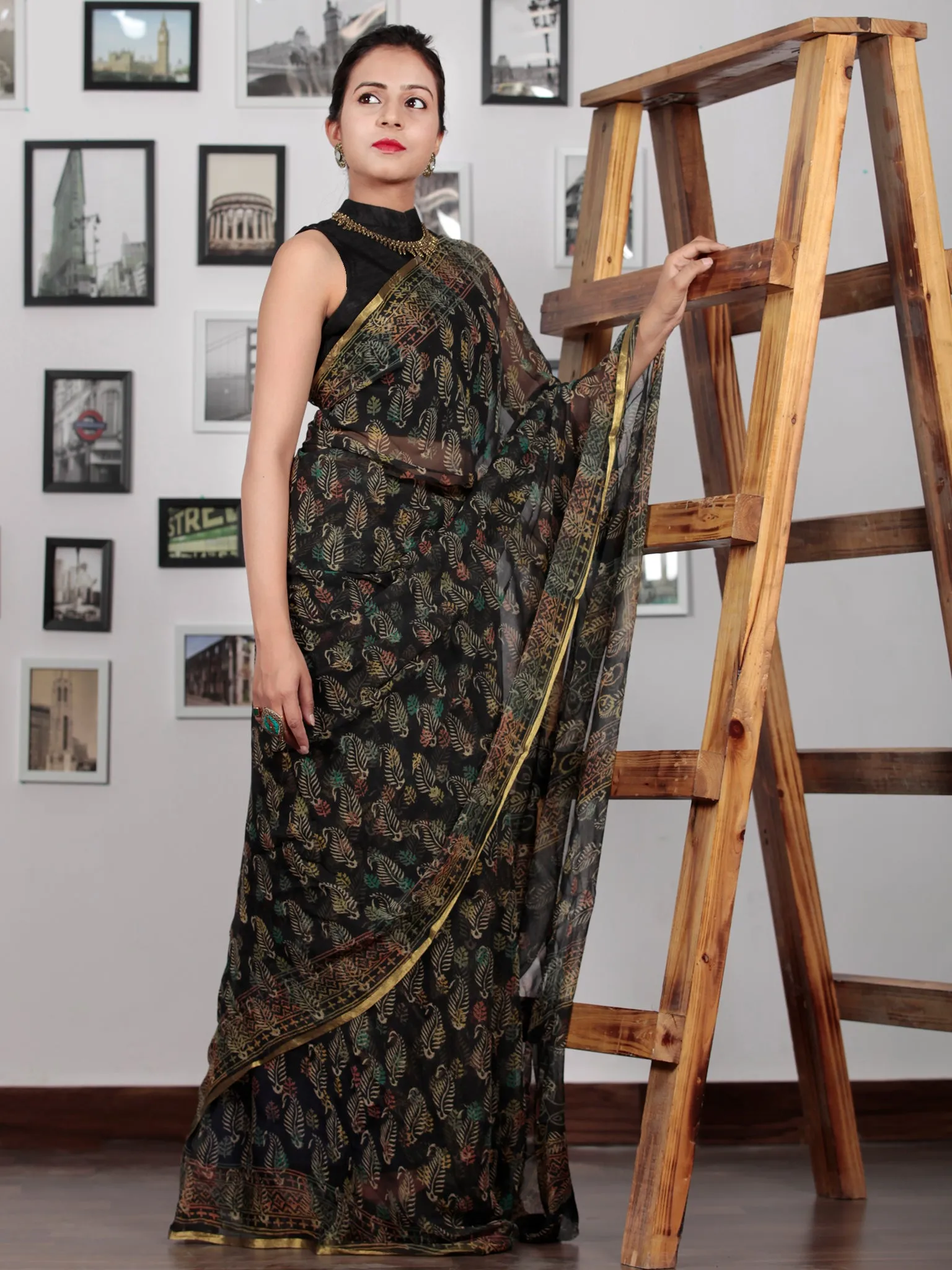 Black Yellow Green Rust Hand Block Printed Chiffon Saree with Zari Border - S031702769