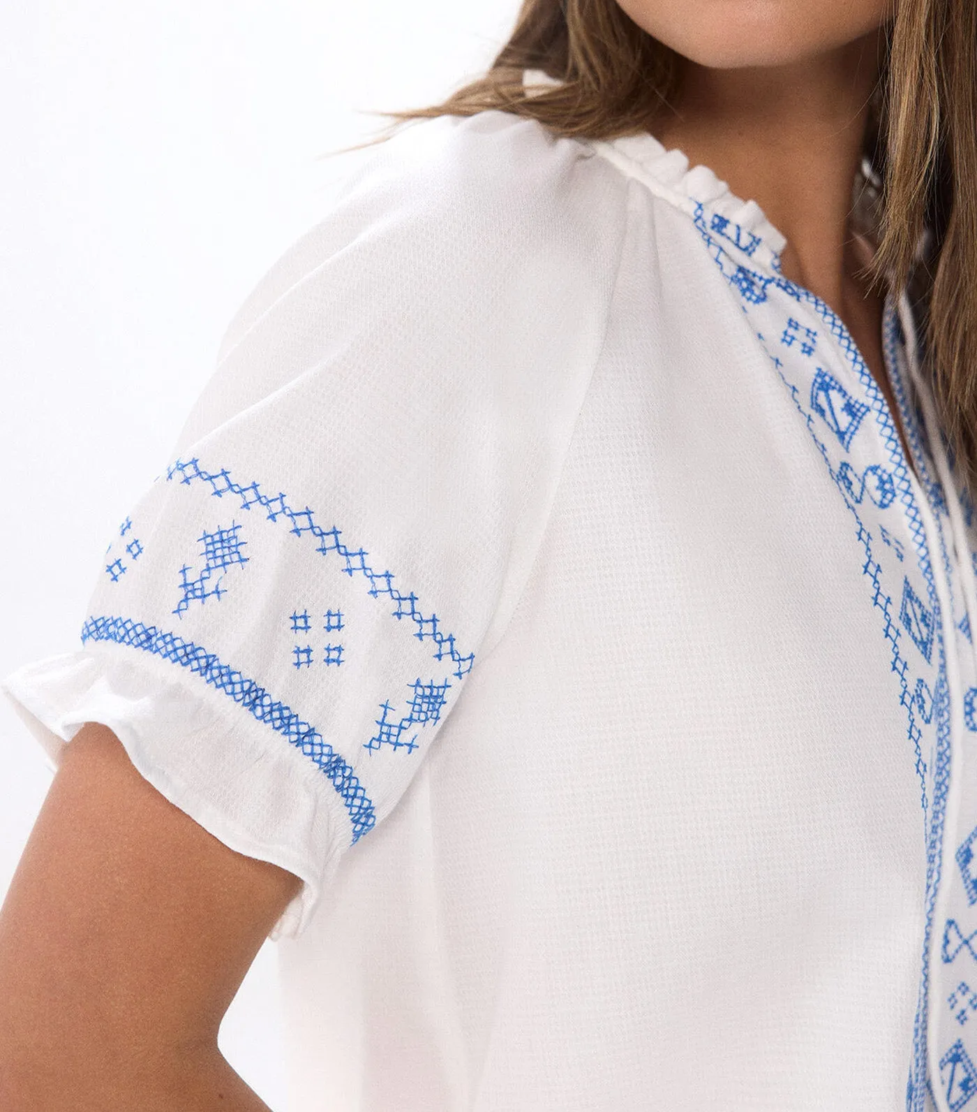 Blouse with Blue Ethnic Embroidery