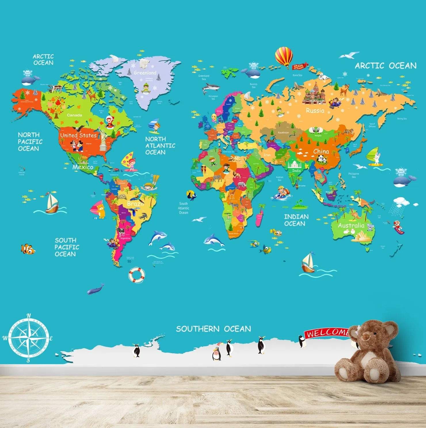 Blue Colourful World Map for Kids Room Walls