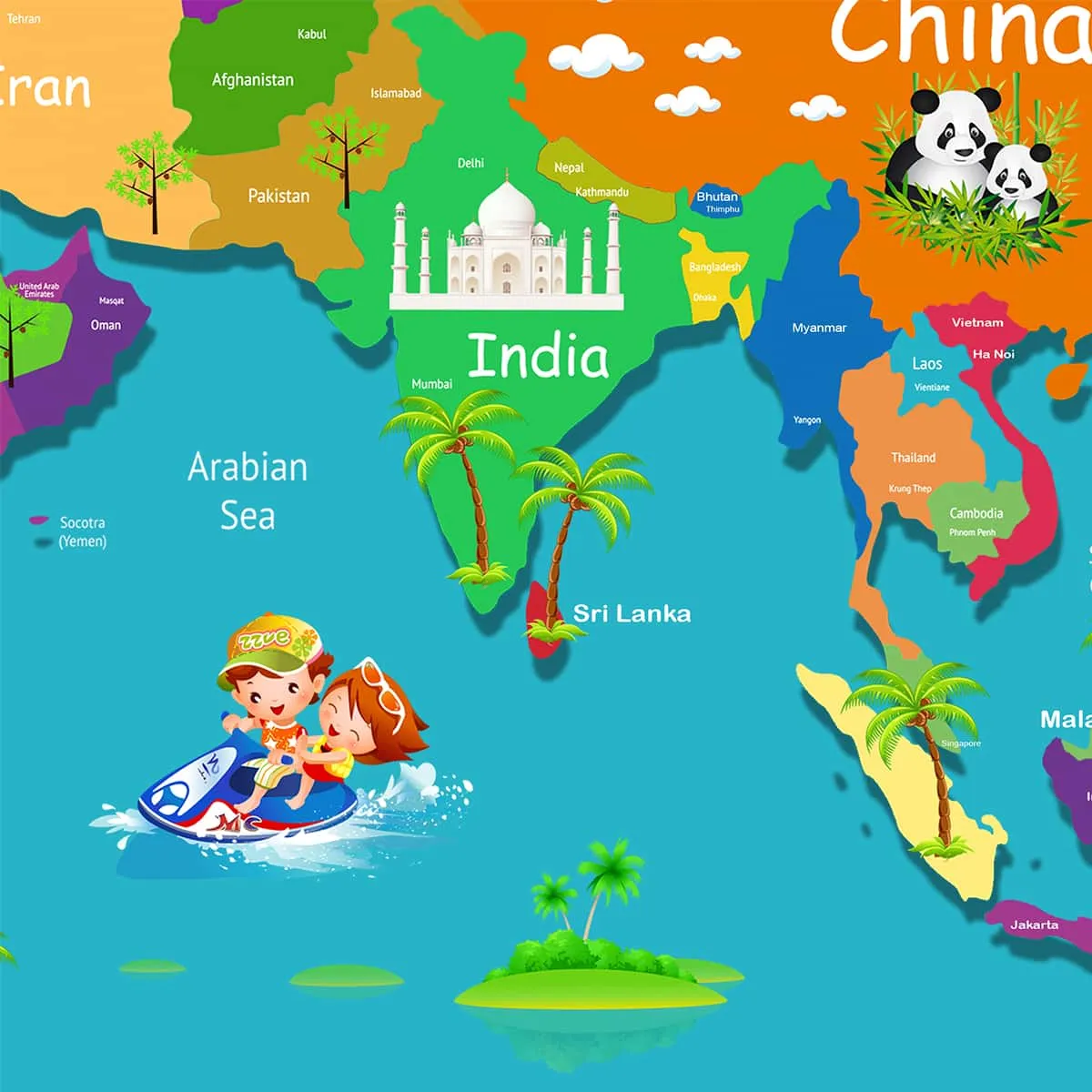 Blue Colourful World Map for Kids Room Walls