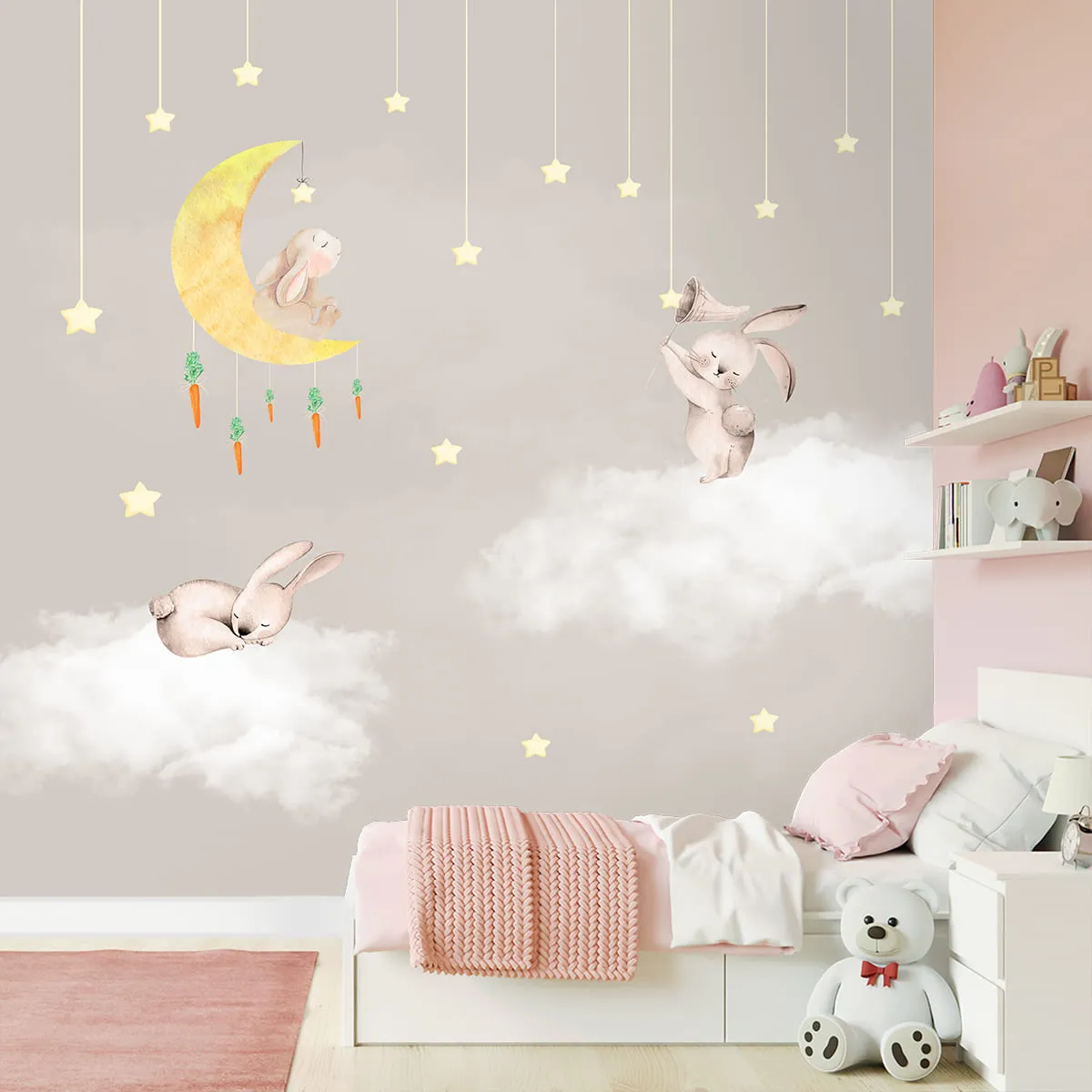 Bunnies in Sky: Kids Room Wallpaper, Beige