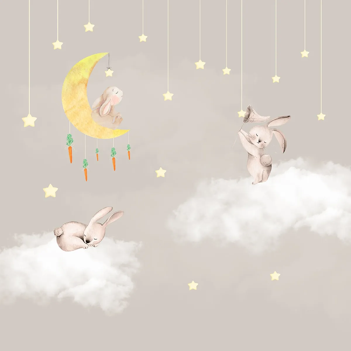 Bunnies in Sky: Kids Room Wallpaper, Beige