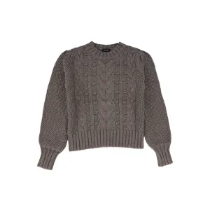 C14642-CABLE KNIT PUFF SLEEVE SWEATER-Mocha