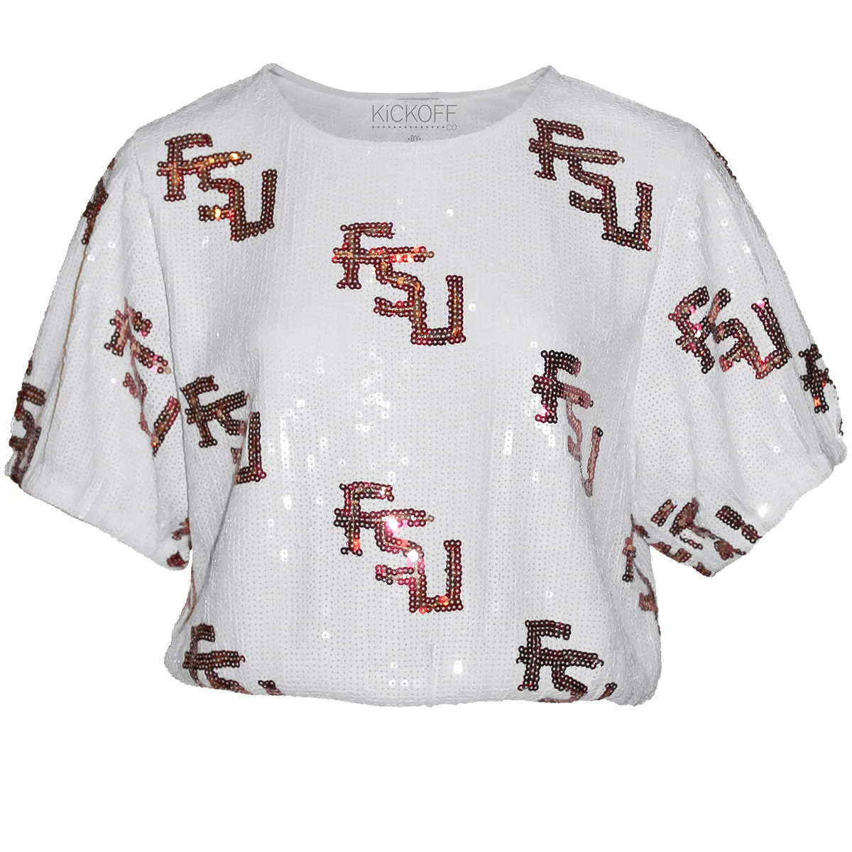 Capri Designs Women's Stacked FSU Short Sleeve Sequin Crop Top - White