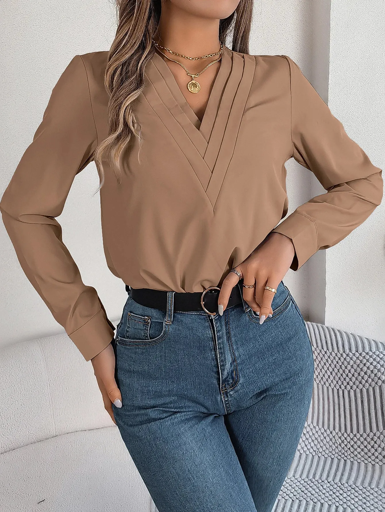 Casual Solid Color V Neck Long Sleeve Blouse