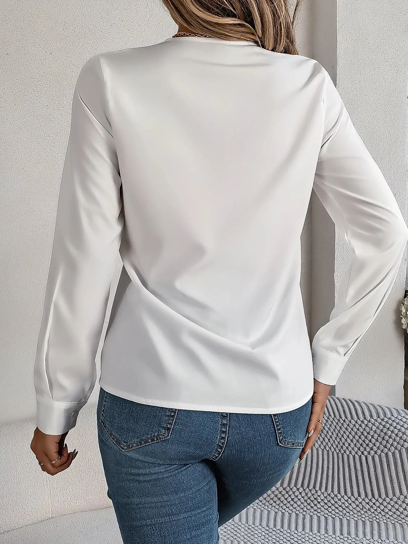 Casual Solid Color V Neck Long Sleeve Blouse