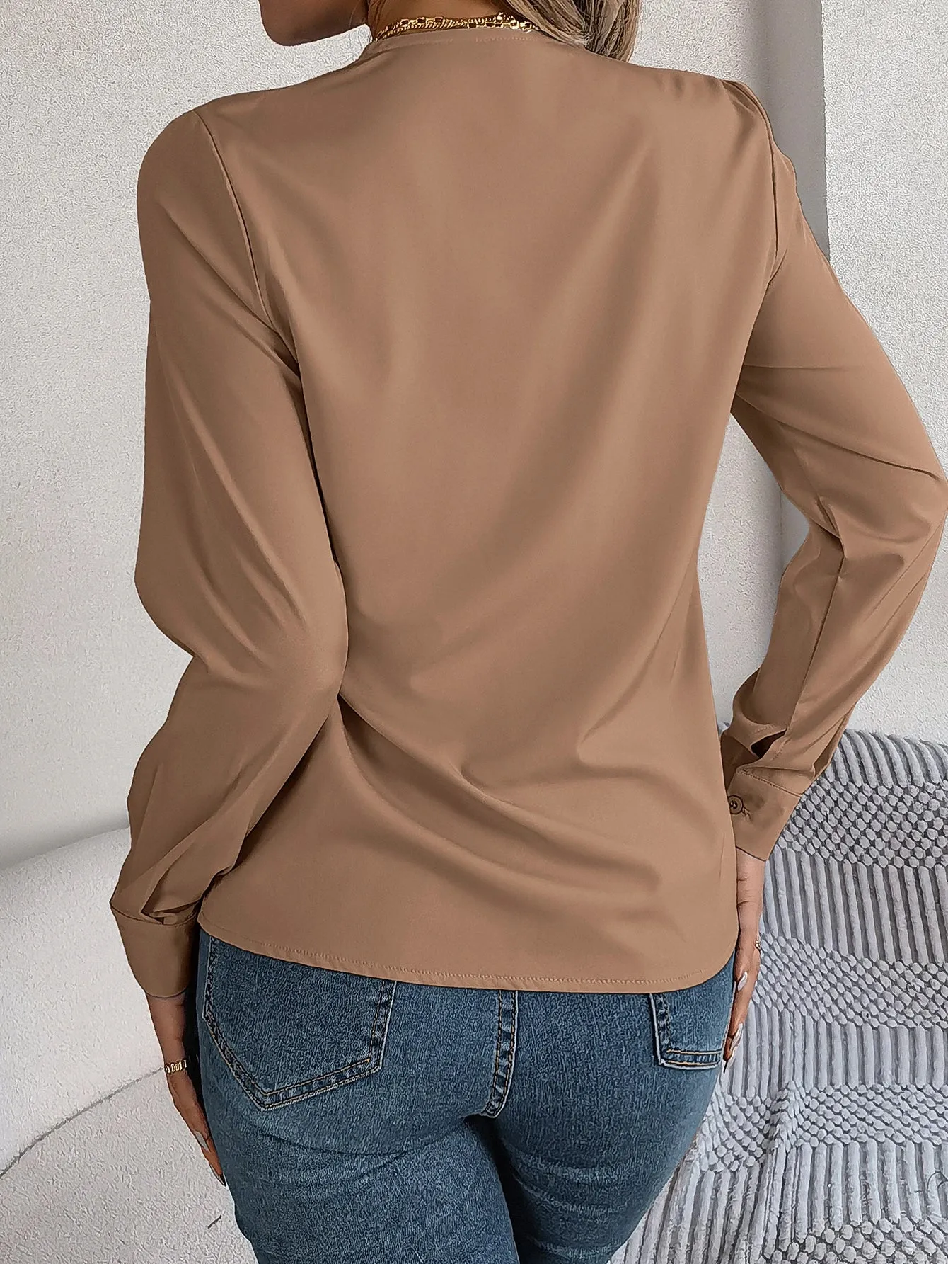 Casual Solid Color V Neck Long Sleeve Blouse