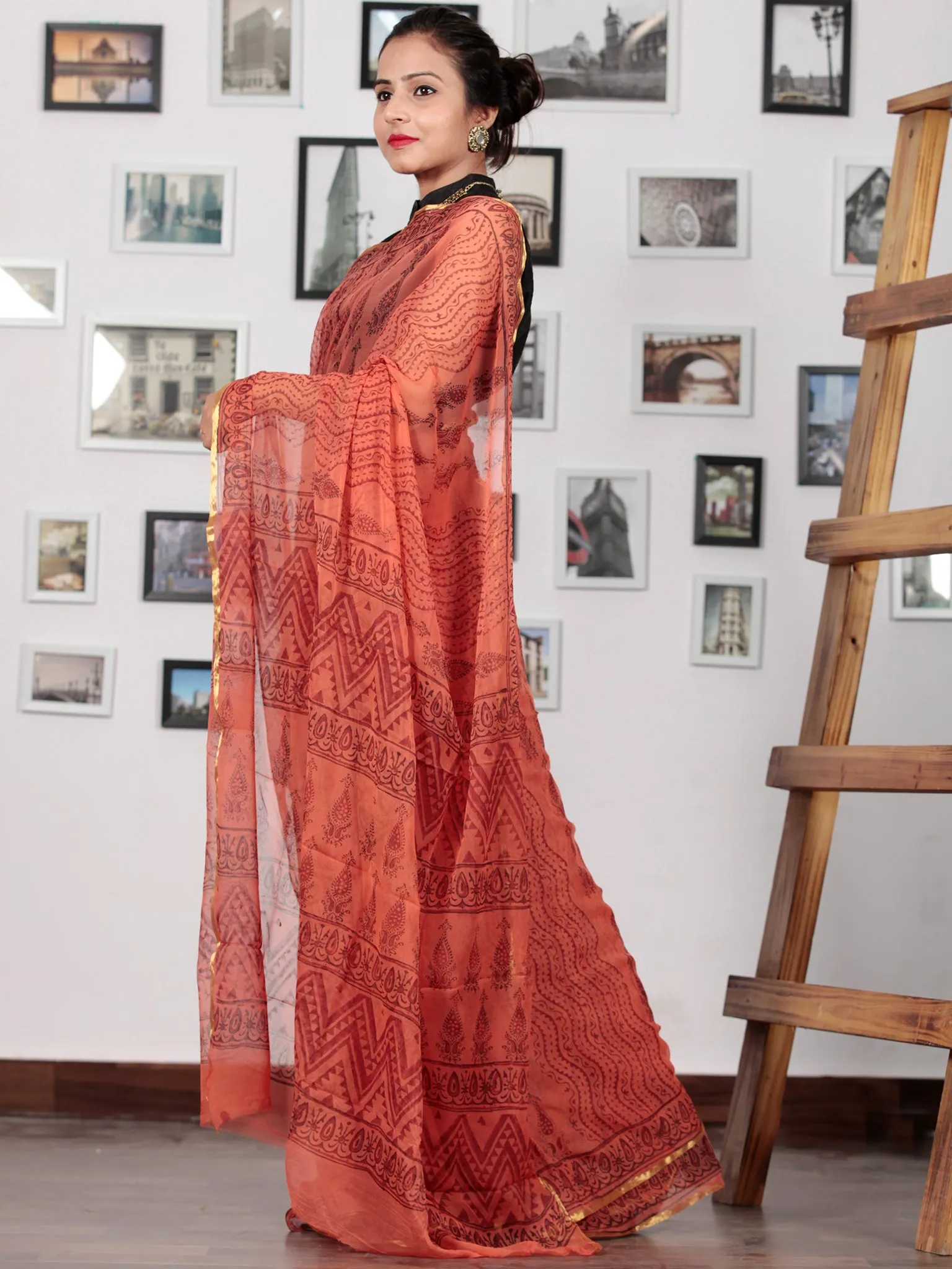 Coral Maroon Hand Block Printed Chiffon Saree with Zari Border - S031702752