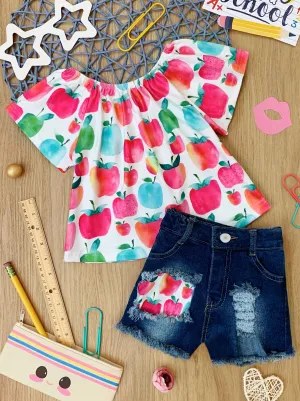 Counting Apples Patched Denim Short Set