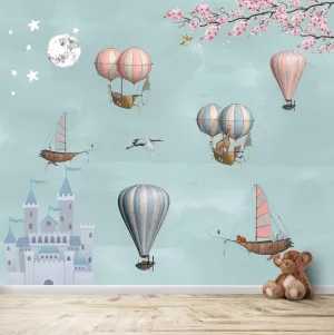 Cute Animals in Hot Air Balloon Wallpaper, Children Room, Customised