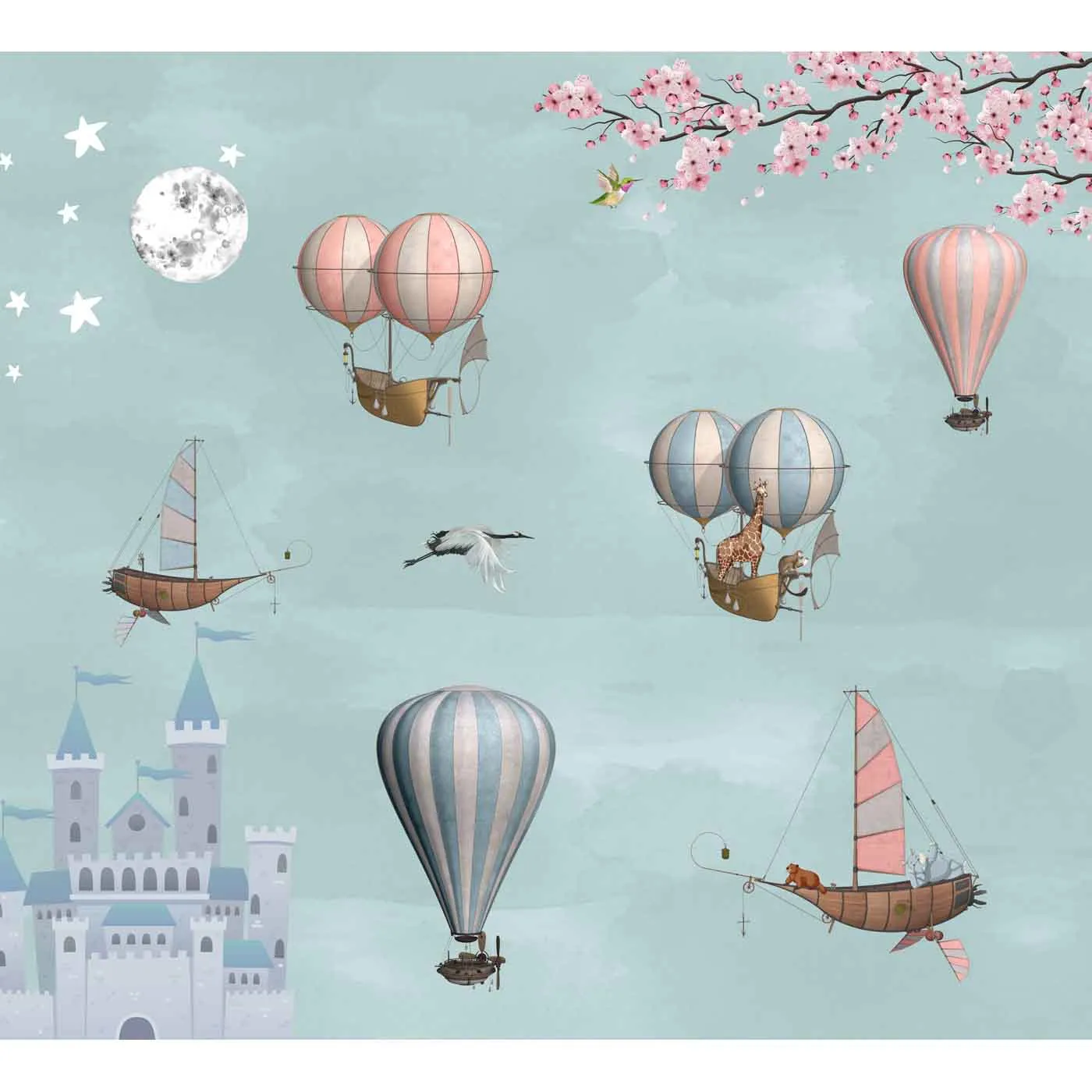 Cute Animals in Hot Air Balloon Wallpaper, Children Room, Customised