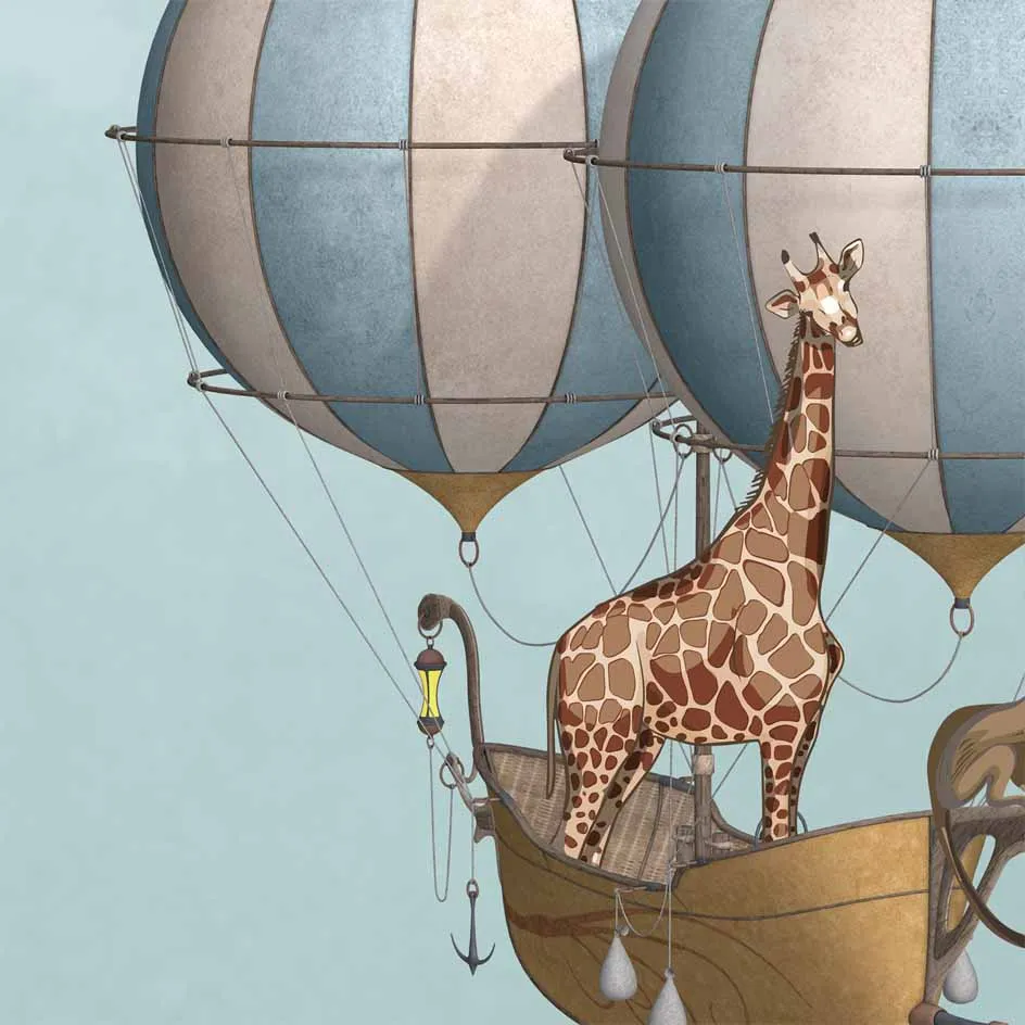 Cute Animals in Hot Air Balloon Wallpaper, Children Room, Customised