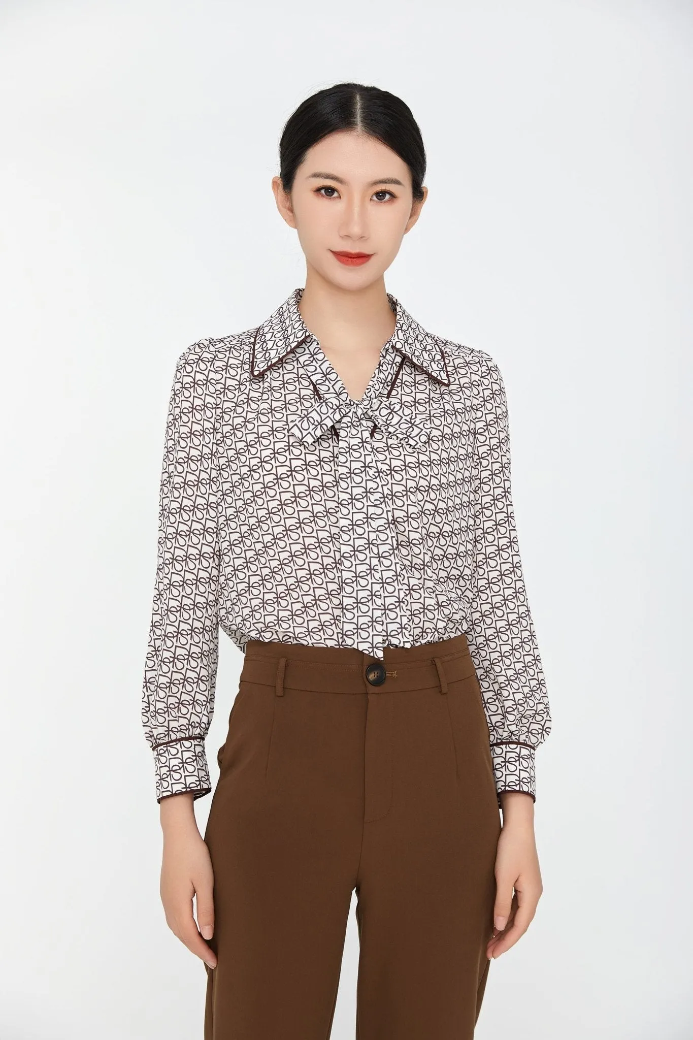 Dark Brown Bow Tie Print Blouses Shirt