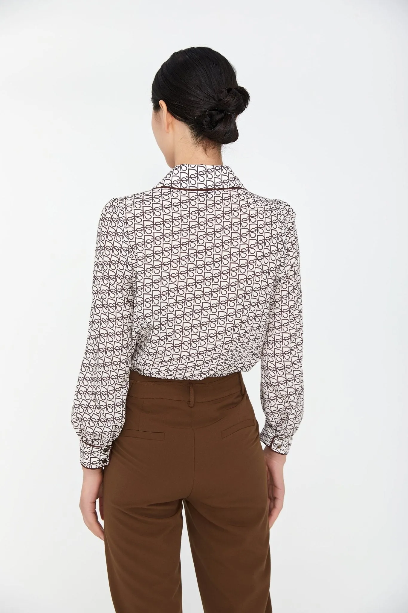 Dark Brown Bow Tie Print Blouses Shirt