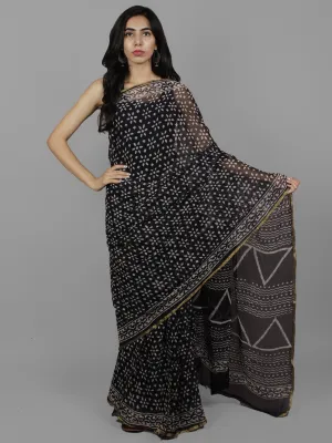 Dark Indigo Ivory Hand Block Printed Chiffon Saree - S031702097