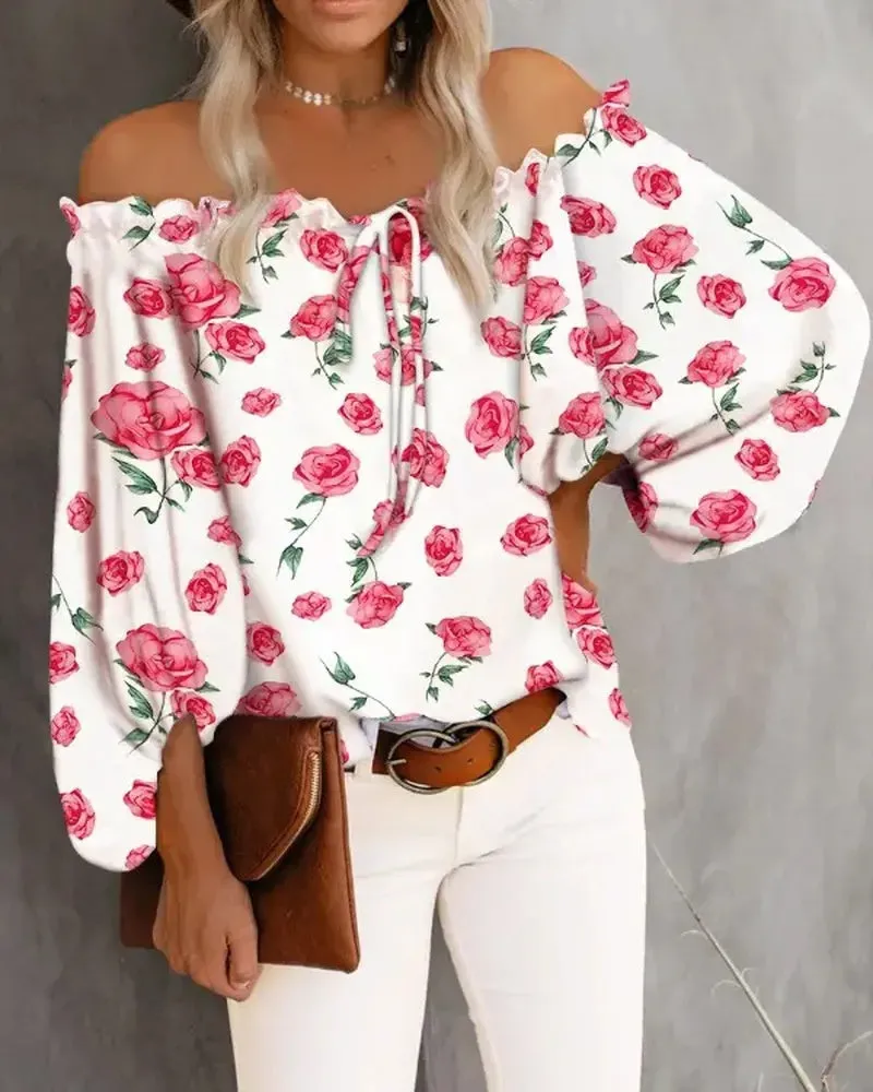 Deanwangkt - Floral Print Off Shoulder Frill Hem Top