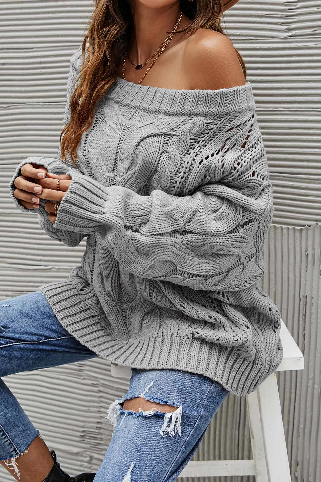 Drop Shoulder Hollow Out Cable Knit Sweater