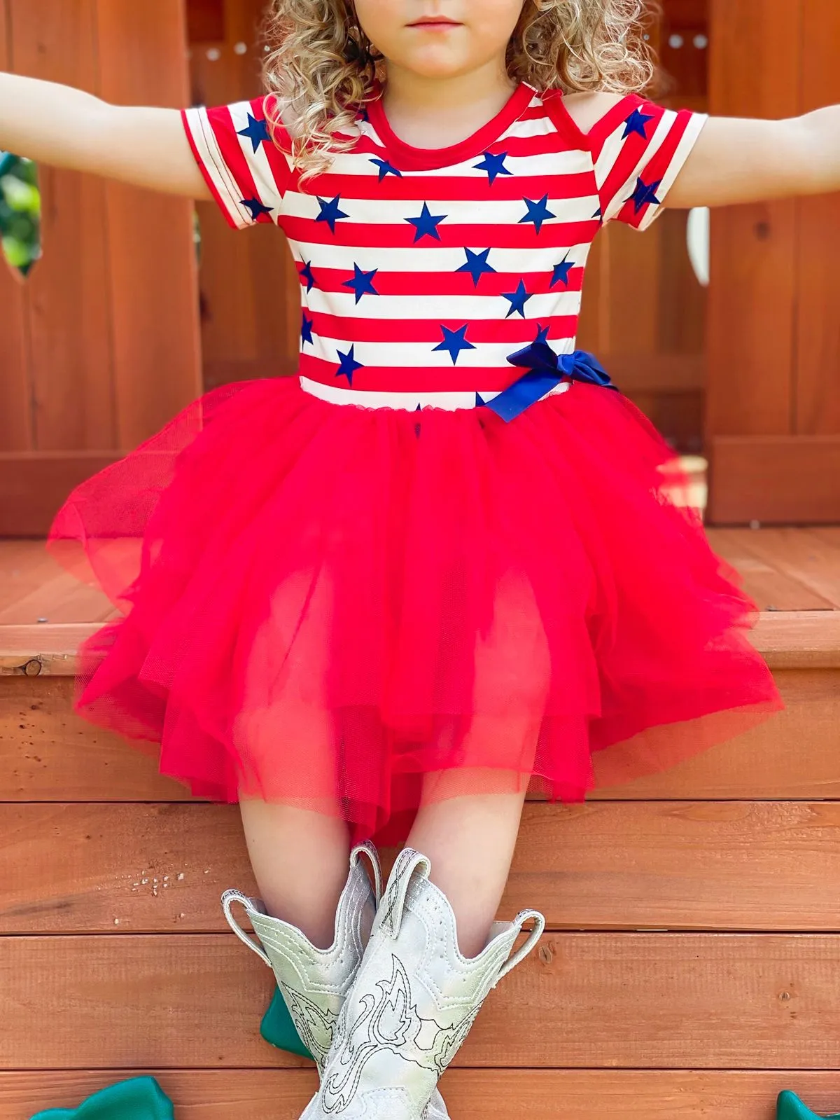 Girls 4th of July Themed Cold Shoulder Tutu Dress with Bow