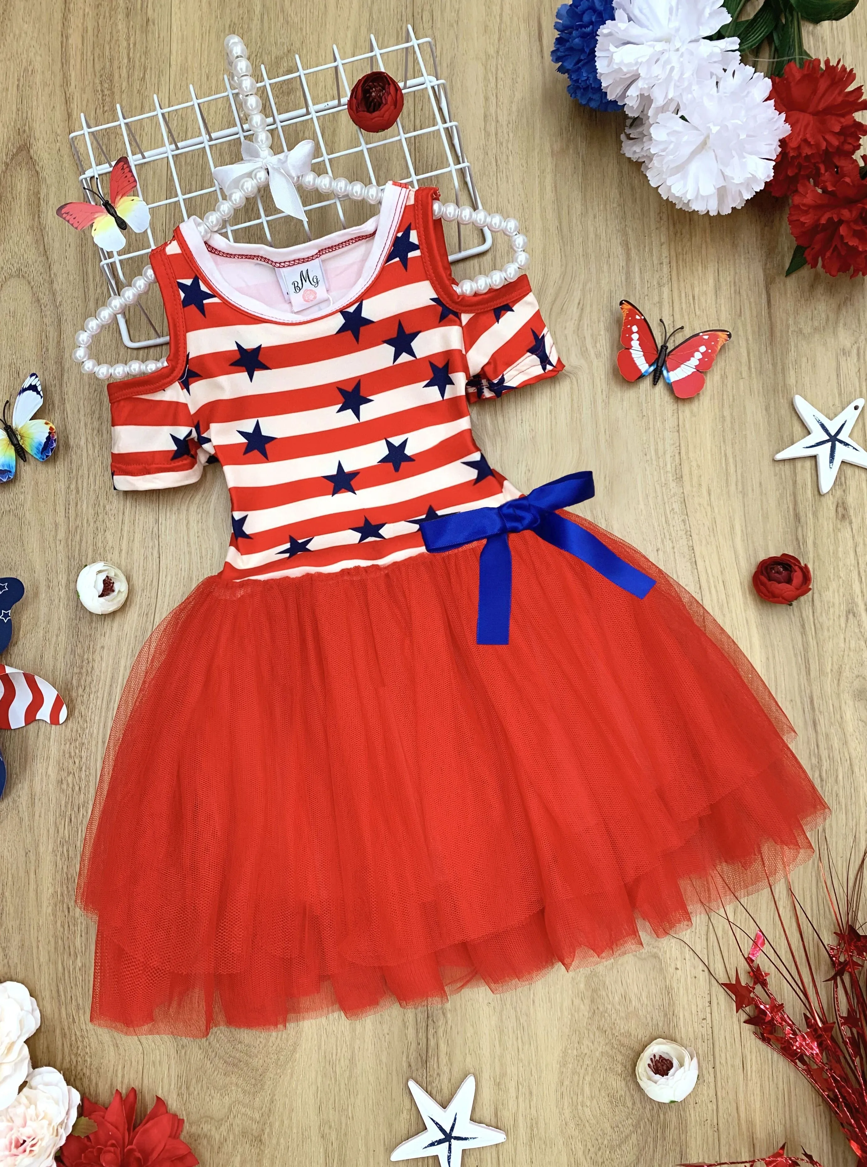 Girls 4th of July Themed Cold Shoulder Tutu Dress with Bow