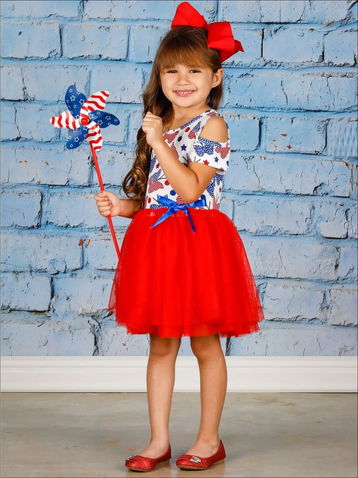 Girls 4th of July Themed Cold Shoulder Tutu Dress with Bow