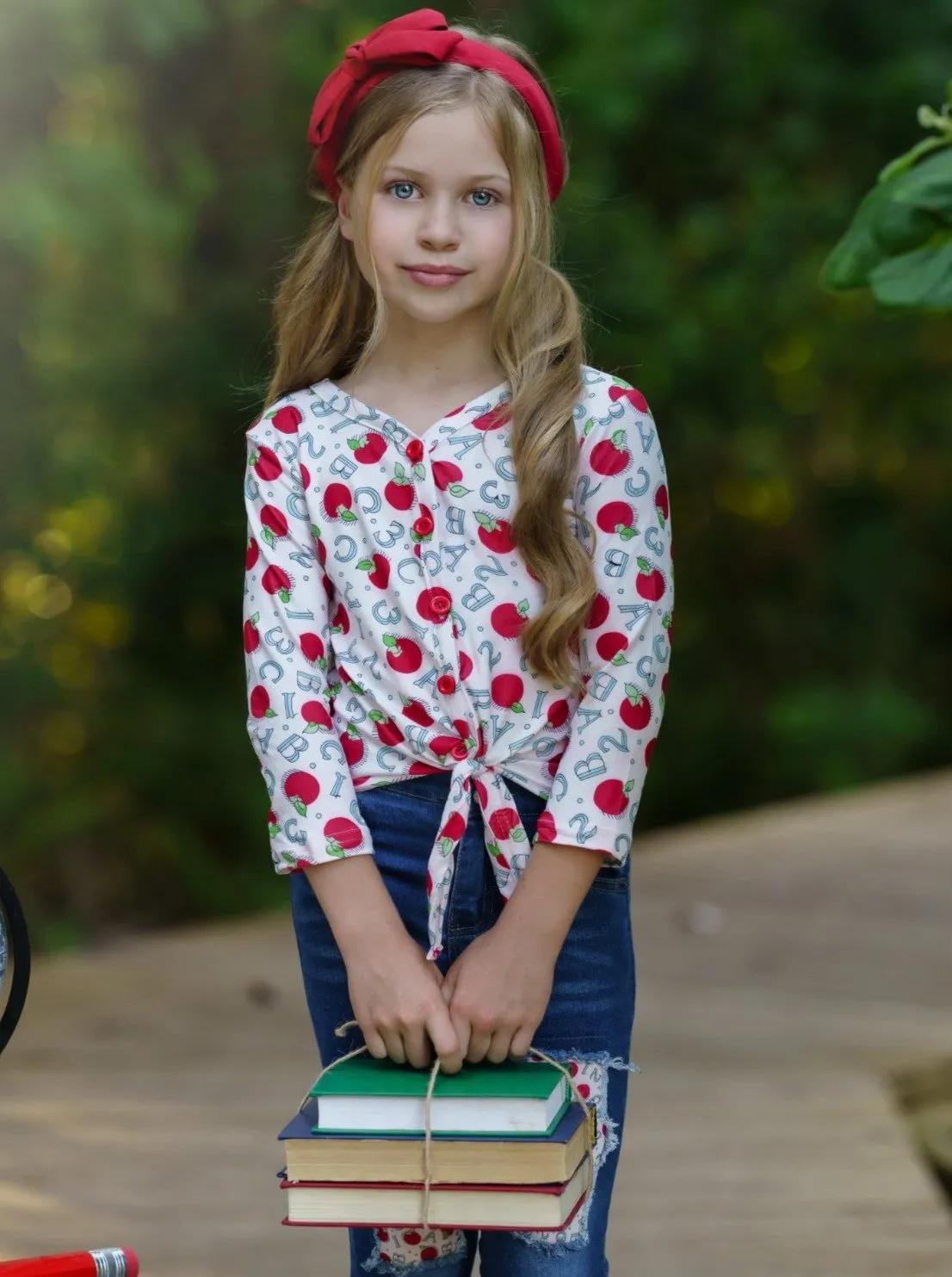 Girls Apple Cutie Buttoned Knot Tie Top and Patched Jeans Set