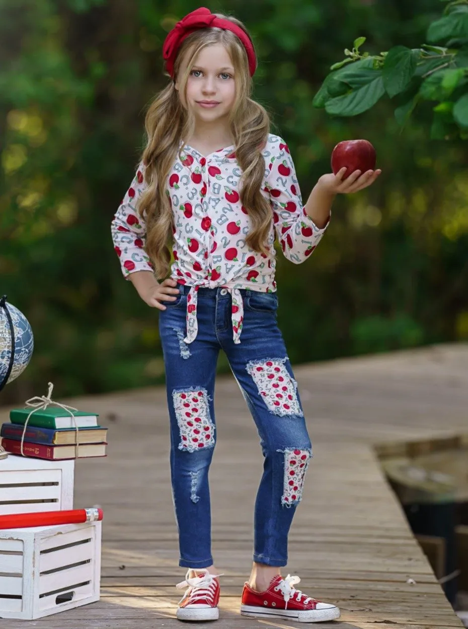 Girls Apple Cutie Buttoned Knot Tie Top and Patched Jeans Set